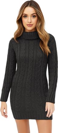 Janisramone Ladies Polo Neck Cable Knit Jumper Dress, Mini Bodycon Pullover, Long Sleeve Turtleneck Womens Sweater, Winter Knitted Casual & Party Wear Charcoal