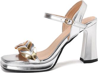 Generic Womens Square Open Toe Wedding Party Prom Shoes Block High Heel Dress Pumps Ankle Strap Bridal Sandals with Buckle,Silver,7.5 UK