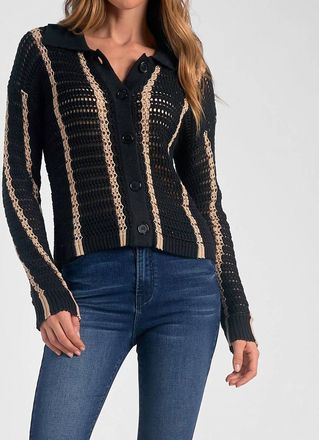 Elan Crochet Button Down Sweater In Black