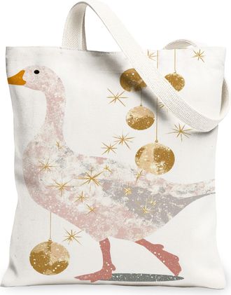 Generic Holiday Bird Canvas Tote Bags, Artistic Goose Design Reusable Grocery Bags, Winter Elegant Lightweight Washable Shoulder St, White, 13x15 Inch
