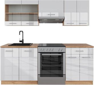Vicco Mueble de cocina R-Line, Blanco brillo intenso/roble dorado, 200 cm sin encimera