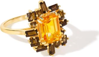 Tiramisu 14K Gold Plated Over 925 Sterling Silver Citrine & Smoky Quartz Halo Ring