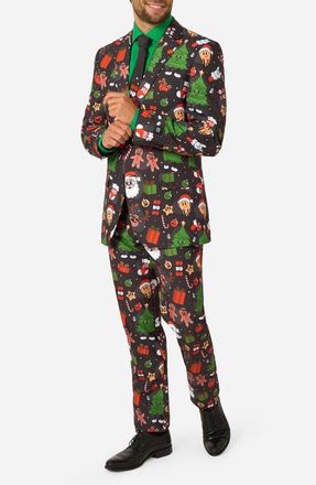 OppoSuits Merry Jinglejoy Slim Fit Two-Piece Suit & Tie Set in Black at Nordstrom, Size 36Regular
