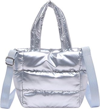 Generic Woman Puffy Lightweight Handbag Large Capacity Soft Pad Cotton Tote Adjustable Strap Quilted Shoulder Bag Travel Bag (Silver)