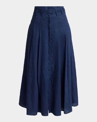 Gabriela Hearst Dugald Pleated Linen Belted Midi Skirt
