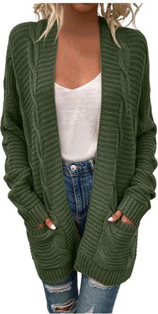 Generic Mens Round Neck Long Chunky Knit Open Front Cardigan Women Long Sweater, Green, XL