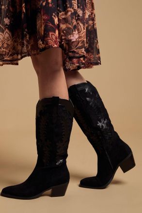 Oasis Womens Jessie Faux Suede & Leather Western Cowboy Calf Boots - Black - Size UK 4