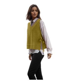 Generic Womens Sleeveless Jumpers Pullover Sweater Vest V-Neck Knitted Waistcoats Crochet Cardigan Gilets Knit Plain Tank Tops Knit Jacket Vest with Side Tie 