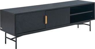 Vente-Unique Mueble TV con 2 puertas y 2 estantes chapado en roble y metal - Negro y Dorado - SIRIOLA