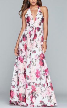 Faviana Halter V-Neck A-Line Floral Dress