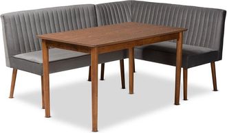 Baxton Studio Alvis Mid-Century Modern Velvet Upholstered 3Pc Dining Nook Set