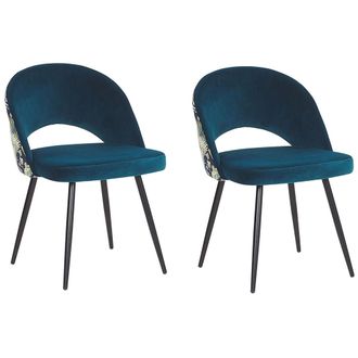 Beliani Beliani - Conjunto De 2 Sillas De Comedor De Terciopelo Azul Patas De Metal Negro Con Recubrimiento En Polvo Estampado Floral Vivian