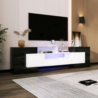 OEM Mueble De Tv Elegante, Modelo Bajo, Blanco Y Negro Lacado, 4 Puertas, 2 Cajones, Iluminaci&oacute;n Led, Mueble De Sal&oacute;n, 200 X 35 X 60 Cm