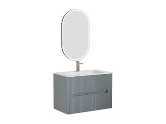 Vente-Unique Mueble de ba&ntilde;o suspendido con lavabo para encastrar, grifo y espejo - Estriado azul cielo - 80 cm - PAVANI