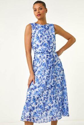Roman Floral Print Pleat Neck Midi Dress