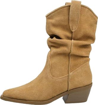 Generic Winter Cowboy Boots for Women Mid Calf Cowgirl Boots Modern Square Toe Western Chunky Low Heel Stacking Boot with Pull-Up Tabs Pull on Dress Retro Boo