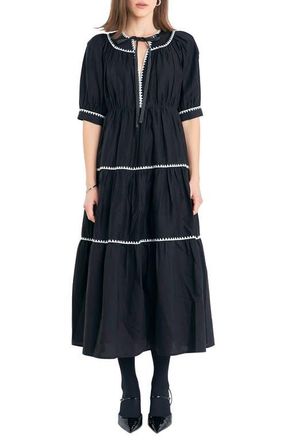 English Factory Embroidered Puff Sleeve Tiered Midi Dress in Black/White at Nordstrom, Size X-Small