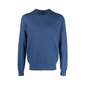 Brioni Textured Ribbed-Trim Jumper - male - Brioni - Round-neck Knitwear - Blue - L - Knitwear