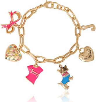 Juicy Couture Pink and Gold Charm Bracelet with Bow, Dog, and Heart, 7.5 in Gold Tone at Nordstrom