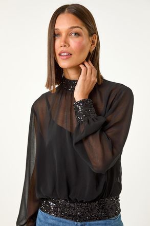 Roman High Neck Chiffon Sequin Stretch Top