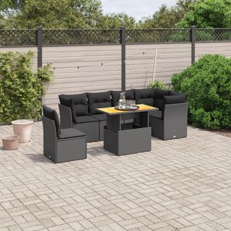 vidaXL Set De Comedor De Jard&iacute;n 7 Pzas Y Cojines Rat&aacute;n Sint&eacute;tico Negro Vidaxl