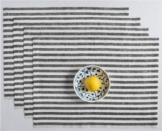 Solino Home Linen Placemats Set of 4, 14 x 19 Inch for Dining Table, Holiday and Everyday Table Decor - Amalfi Stripe in Black And White at