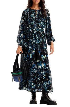 Desigual Rhode Island Floral Print Long Sleeve Maxi Dress in Black at Nordstrom, Size Xx-Large