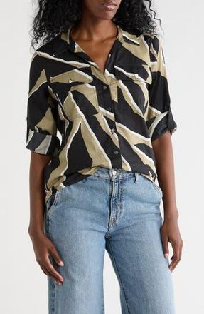 DKNY Abstract Print Roll Sleeve Button-Up Shirt in Jungle Block at Nordstrom Rack, Size X-Large