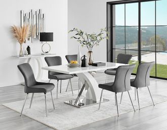 Furniturebox Atlanta 6 White Dining Table & 6 Nora Silver Leg Chairs in Dark Grey