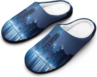 Generic Chicago Skyline at Night Womens Cotton Slipper Comfortable Cozy Plush Slippers Anti-Skid Indoor House Closed Toe Shoes