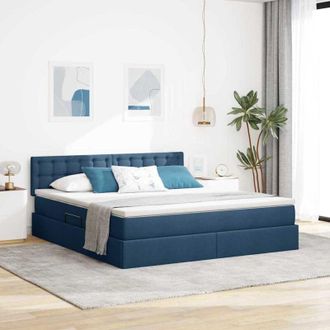 vidaXL Cama Con Luces De Tiras Led Con Cabecera Azul 160 X 200 Cm Tela