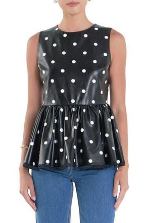 English Factory Polka Dot Peplum Sleeveless Faux Leather Top in Black/white at Nordstrom Rack, Size X-Small