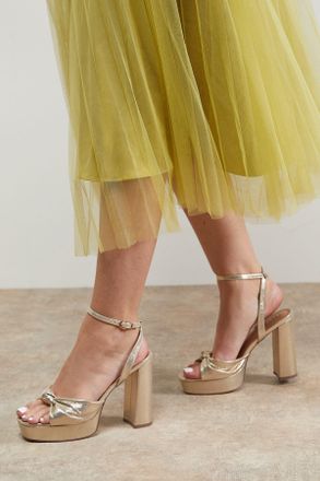 Oasis Womens Melody Metallic Textile Knotted Platform High Block Heel Sandals - Gold - Size UK 8
