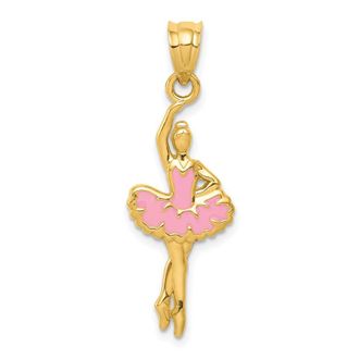 Diamond2Deal 14k Yellow Gold Pink Enameled Ballerina Pendant