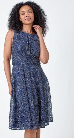 Roman Lace Shimmer Belted Midi Dress
