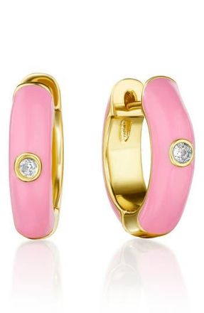 House of Frosted Cara White Topaz Enamel Huggie Hoop Earrings in Pink at Nordstrom Rack