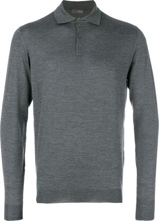 Drumohr Grey Long-Sleeved Merino Wool Polo Shirt