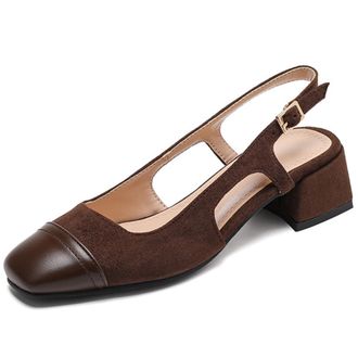 Generic Qynthra Womens Slingback Block Heel Pumps Suede Cap Toe Low Heel Court Shoes Black and Brown Ideal for Business Casual Autumn Weddings,Brown,6.5 UK