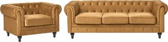 Beliani Conjunto De Sal&oacute;n Chesterfield Tapizado En Tela De Terciopelo Amarillo Sof&aacute; 3 Plazas + Sill&oacute;n Patas De Madera Oscura Estilo Contempor&aacute;neo Chesterfield