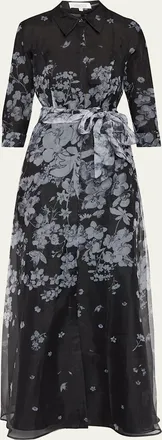 Teri Jon Floral Organza Tie-Waist Shirt Gown