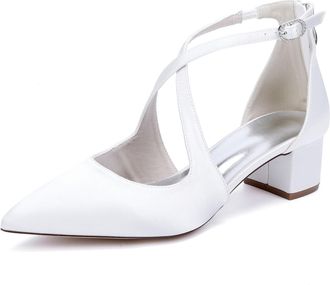 Generic Wedding Bridal Dress Shoes Womens Pointed Toe Ankle Strap Block Heel Pumps Patent Leather Low Heels 4.5Cm,White,10 UK