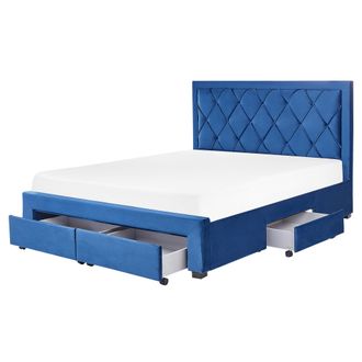 Beliani Cama Con Almacenaje De Terciopelo Azul Marino 160 X 200 Cm Cajones Cabecero Alto Capiton&eacute; Glamuroso Lievin