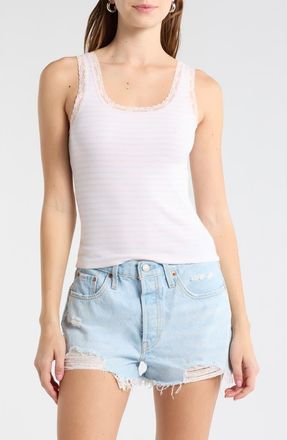 Abound Lace Trim Tank Top in White Pink H Faye Stripe at Nordstrom Rack, Size X-Small