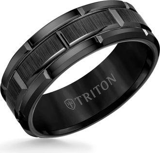 Triton 8MM Tungsten Carbide Ring with Brick Pattern Center and Flat Edge in Black at Nordstrom, Size 10.5