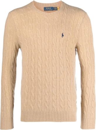Polo Ralph Lauren Pullover van scheerwol-kasjmier met kabels - Heren - Ronde hals truien - Bruin - L - Wol - Truien & Vesten