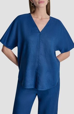 DKNY V-Neck Linen Top in Admiral at Nordstrom, Size Medium