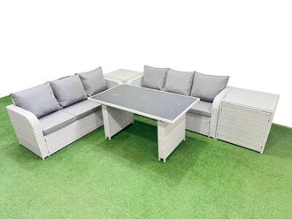 Fimous 6 Seater Rattan Outdoor Dining Table Set with 2 Side Table Light Grey