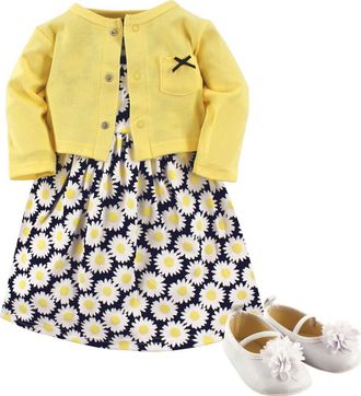 Hudson Baby Cotton Dress, Cardigan and Shoe Set in Daisy at Nordstrom, Size 12-18M