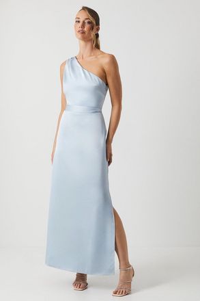 Oasis Womens One Shoulder Satin Maxi Bridesmaid Dress - Light Blue - Size 18 UK