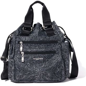 Baggallini Modern Everywhere Drawstring Crossbody Bucket Bag in Midnight Blossom Print at Nordstrom
